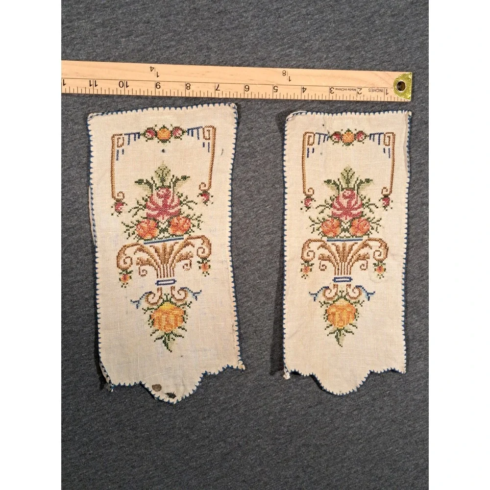 Vintage Handmade Cross Stitch Linen Floral Urn Scalloped Panels Set of 2 Cream